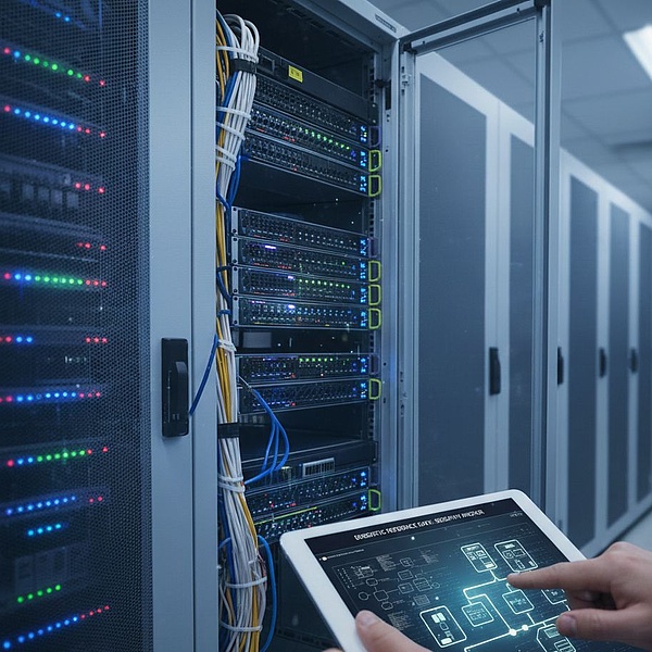 A tablet displays a technical network diagram in front of an open server rack in a modern data center.