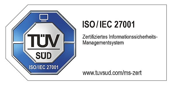 TÜV SÜD Zertifizierungslogo ISO/IEC 27001 – Zertifiziertes Informationssicherheits-Managementsystem