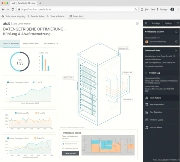 Screenshot eines hellen Monitoring-Dashboards für Rechenzentren mit Grafiken zur Kühlung, Abwärmenutzung und PUE-Wert sowie einer 3D-Server-Rack-Visualisierung.